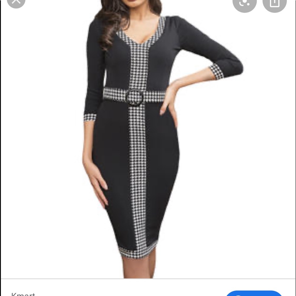 Houndstooth belted knee length dress